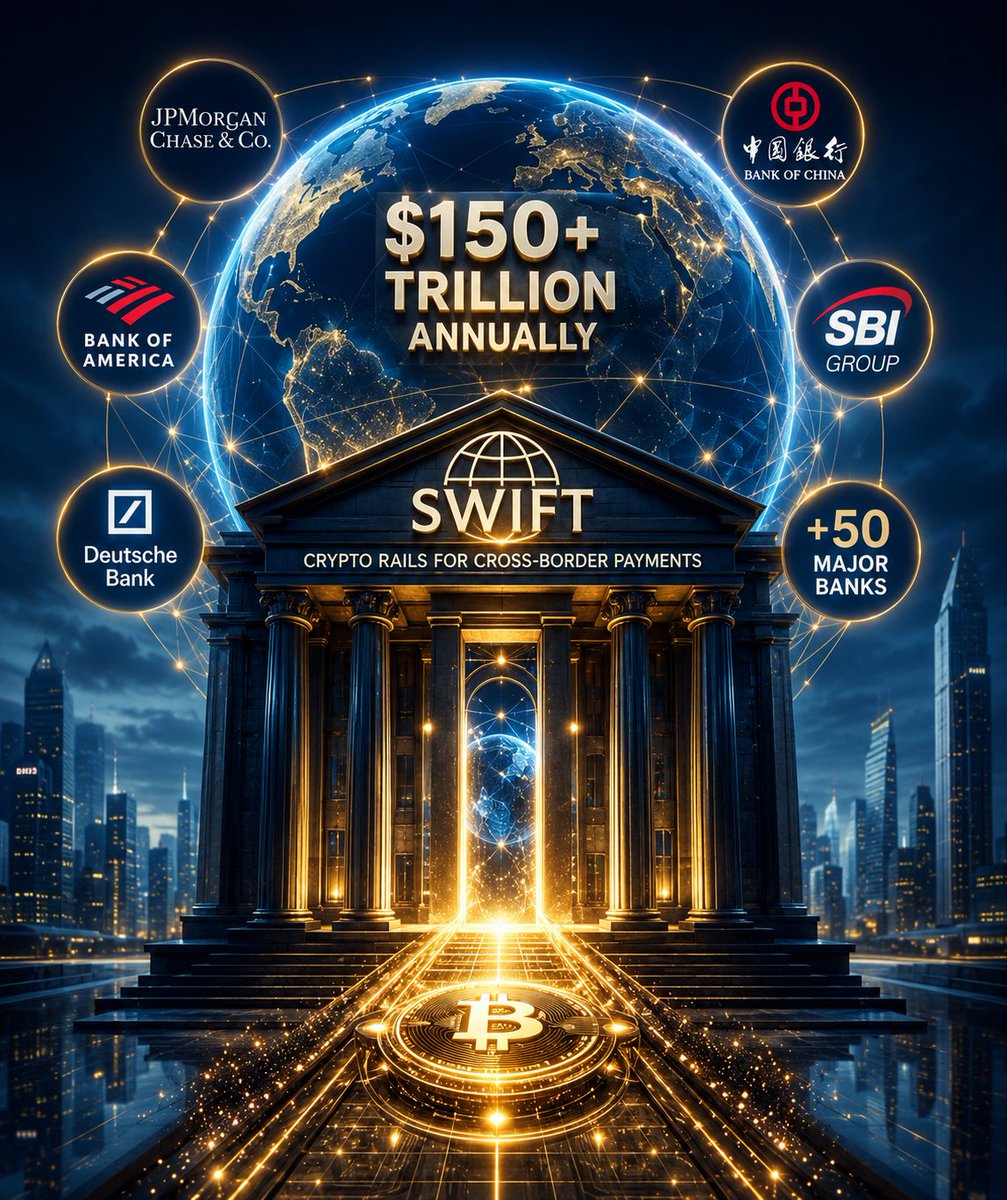 seckindikici's tweet photo. History is being written quietly...
SWIFT’s decision to move forward with crypto-enabled rails for cross-border payments, backed by more than 50 major banks, is not just another headline.
When financial giants such as Bank of America, JP Morgan, Deutsche Bank, Bank of China, and SBI stand behind the same initiative, the message is clear:
Digital assets are no longer a future possibility—they are becoming part of the global financial infrastructure.
Remember:
Every great transformation is first ignored, then questioned, then resisted, and finally accepted as inevitable.
SWIFT facilitates more than $150 trillion in transactions every year. An institution of this magnitude embracing crypto payment rails signals that the world is preparing for a new era of finance.
Many people focus only on price.
Visionaries focus on infrastructure.
Because true revolutions do not begin when prices rise.
They begin when the foundations of the system start to change.
When infrastructure changes, financial behavior changes.
When financial behavior changes, economic models evolve.
And when economic models evolve, those who recognized the shift early stand apart from those who dismissed it.
The digital economy is no longer knocking on the door.
It has already stepped inside.
The question is no longer whether the transformation is coming.
The question is who is prepared for it.

GCV General Seçkin Dikici