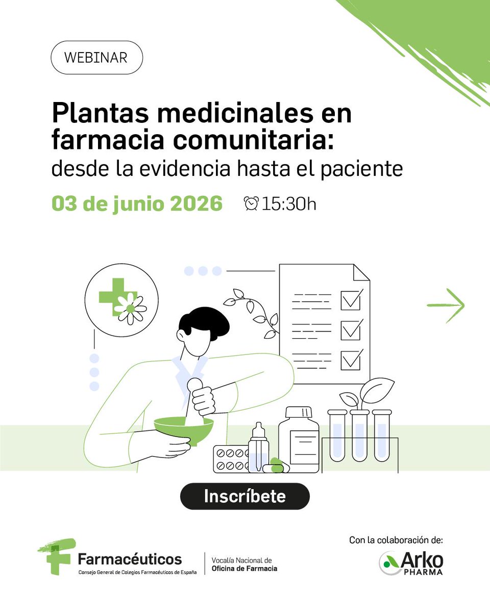 cofhuesca's tweet photo. 💬Plantas medicinales en farmacia comunitaria: desde la evidencia hasta el paciente

📅 Fecha: 3 de junio 

🕒 Hora: 15:30

📌 Inscripción hasta el 3 de junio 

🔗¡No te quedes sin tu plaza!

https://t.co/dWjdljzIP5

Con la colaboración de @arkopharmaesp 

#FarmacéuticosFormación https://t.co/ShFnSZQHGa