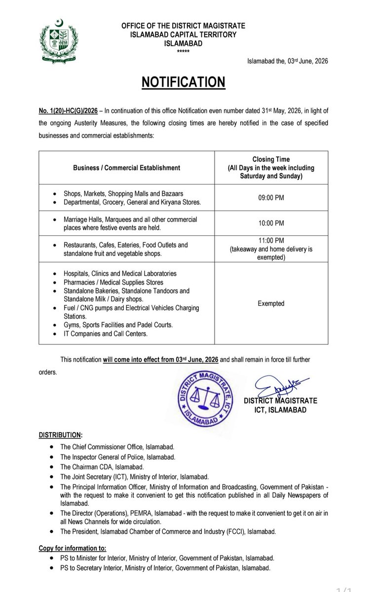 dcislamabad's tweet photo. The District Administration Islamabad has issued a notification regarding revised business operating hours under ongoing energy conservation measures. The new timings come into effect from June 3, 2026, while essential services and specified sectors remain exempt. https://t.co/63EqrWk2cX