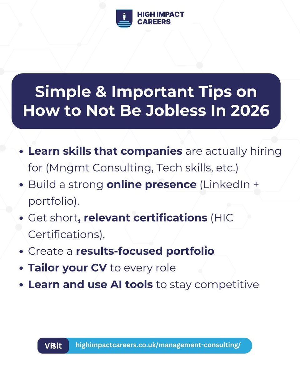 HighImpact01's tweet photo. Don’t stay jobless in 2026, build skills that get you hired.

#CareerGrowth #ConsultingSkills #HighImpactCareers https://t.co/3UJw82oQvL