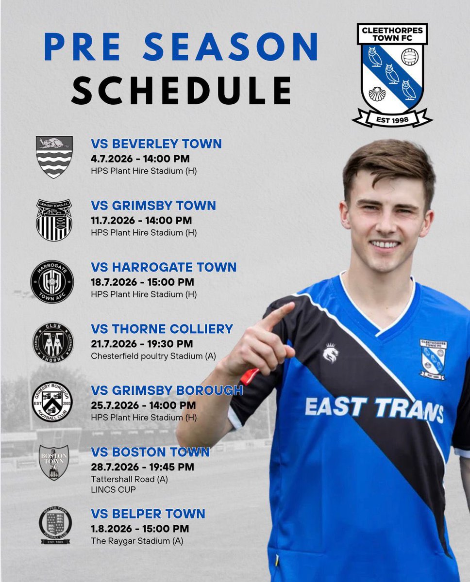 CleeTownFC's tweet photo. The finishing touches have been made to our pre season schedule. Including the visit of league 2 side @officialgtfc and national league side @HarrogateTown news on tickets for the games will be announced in due course. Be sure to come down and cheer on the lads! #uto #cleethorpes #gtfc #harrogatetown