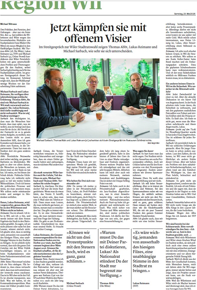 lukasreimann's tweet photo. Streitgespräch und Interview zu den Stadtratswahlen vom 14. Juni 2026 in Wil. Jede Stimme zählt! 

Bessere Lesbarkeit vom Interview gibt es hier:
https://t.co/Wx6RUYJQ2Z https://t.co/iOjKUh0aSp