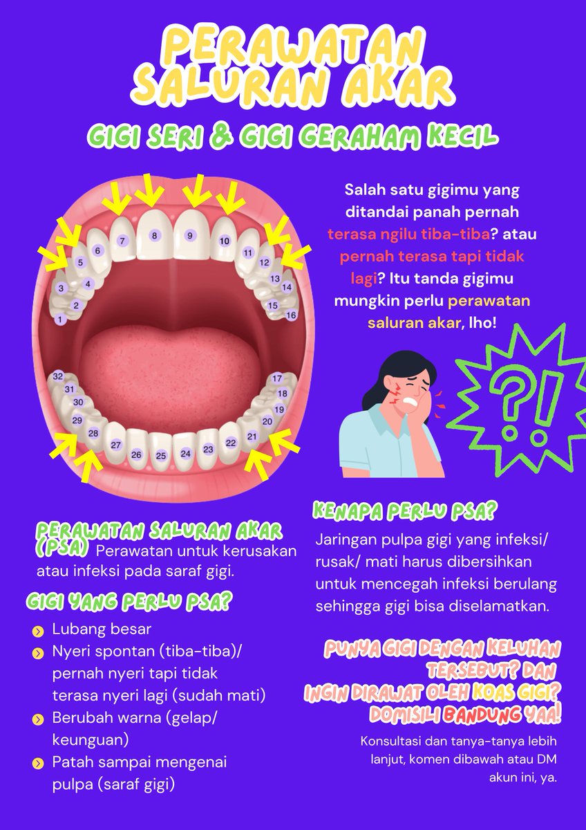 ingenuelate's tweet photo. haloo buat yang gigi geraham kecilnya lubang besar, ada riwayat sakit tiba-tiba/ gigi berubah warna/ pernah sakit tapi udah ga terasa apa-apa; dan mau dirawat PSA (perawatan saluran akar) sama koas gigi, boleh DM akun ini yaa! thankss 😆 #koasgigi #caripasien #bandung https://t.co/HAOcZ0UOtE