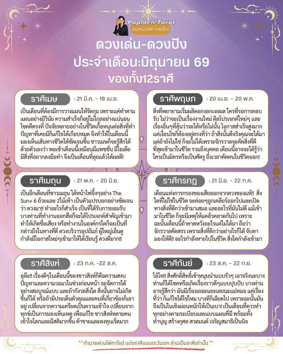 dingaploen's tweet photo. 🎉  " ดวงเด่น-ดวงปัง ประจำเดือนมิถุนายน ของทั้ง 12 ราศี "
.
💯เป็นคอนเทนต์ที่แม่หมอจะตั้งใจทำให้ทุกเดือน แม่หมออยากดึงดวงเด่น ดวงที่มีโอกาสปังๆ เพื่ออยากให้ทุกคนได้พอมองเห็นเรื่องราวดีๆ เผื่อบางท่านท้อ ก็อาจมีแรงฮึกเหิมขึ้นมาได้ ท่านที่กำลังสู้อยู่จะได้มีแรงใจ เป็นคำทำนายด้านการปลุกพลังงานดีๆ หวังว่าคอนเทนต์นี้จะทำให้ทุกคนได้มีแรงไปต่อกับชีวิตในแต่ละเดือนกันนะคะ เย้ๆๆ😁✨
.
#หมายเหตุ:
✅ ศาสตร์การทำนายของแม่หมอพาเพลินเน้นไพ่ทาโรต์ระบบ Rider Waite พื้นความรู้มาจากประเทศอังกฤษ จึงอ้างอิงความรู้การเปิดไพ่ทาโรต์และการแบ่งราศีตามหลักตะวันตกค่ะ
✅ เน้นอ่านเป็นราศีไม่ใช่ลัคนาค่ะ
.
#แม่หมอพาเพลิน #ดูไพ่ยิปซีกับแม่หมอพาเพลิน #paploentarot