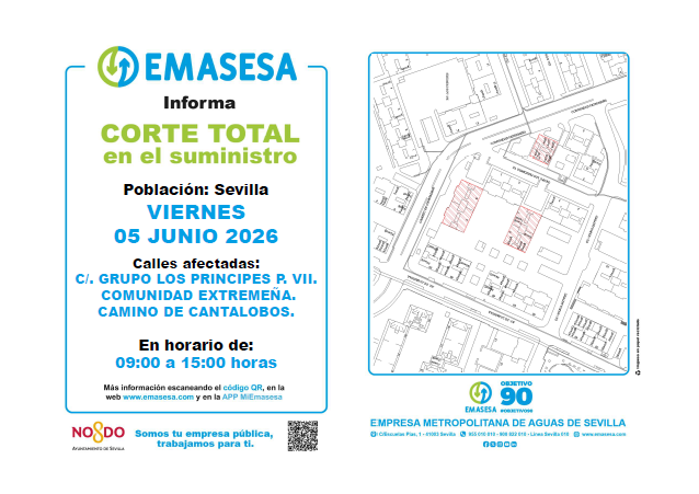emasesa's tweet photo. 05/06 #Corte en el suministro de #TuAgua por trabajos en la red de abastecimiento en C/ Grupo Los Príncipes P. VII en @DtoMacarena
⌚ De 09:00 - 15:00 h.
Gracias y disculpen las molestias. #TrabajamosParaTi
#EMASESA #TuEmpresaPúblicaDelAgua @Ayto_Sevilla https://t.co/4zrvaFjj01