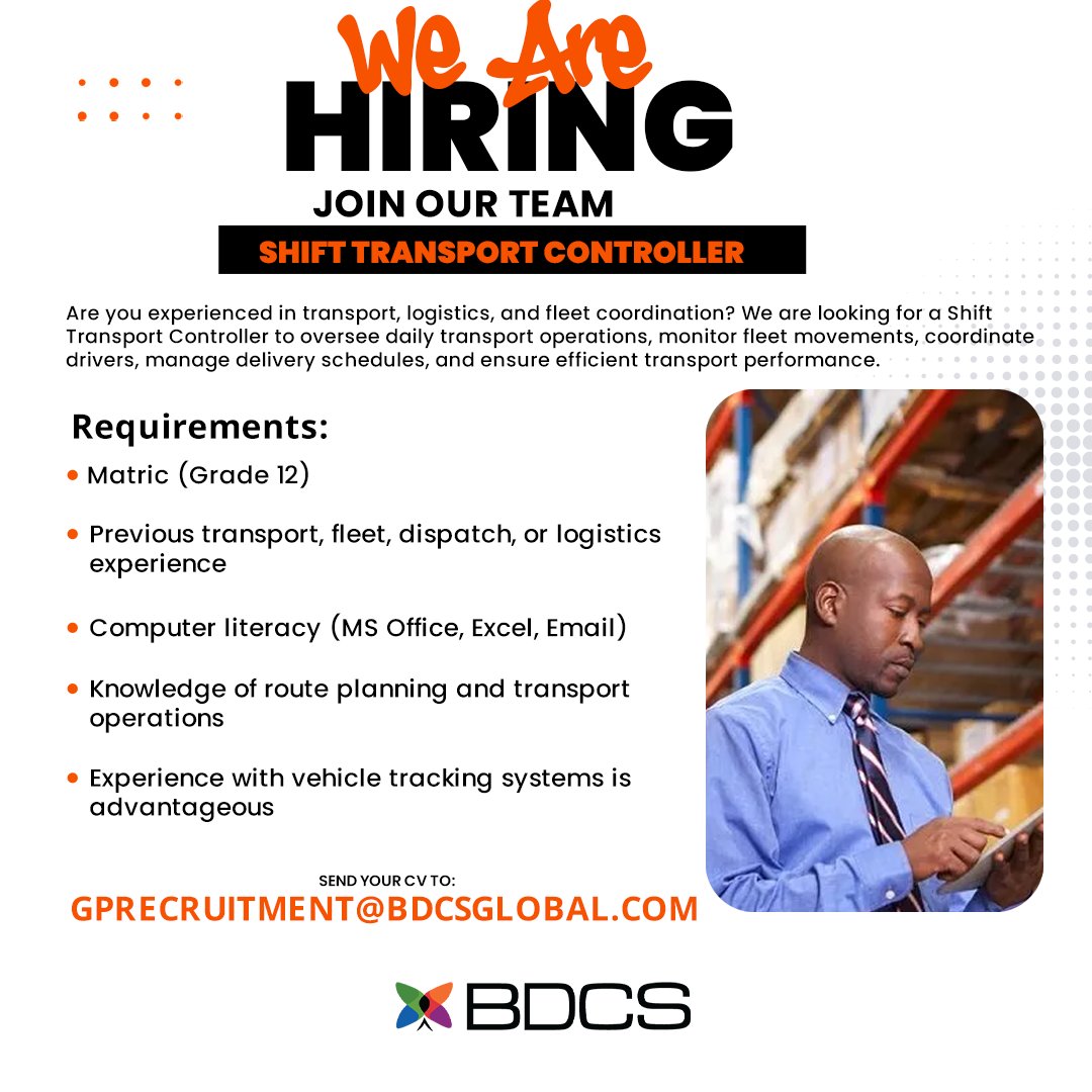BDCSGlobal1's tweet photo. 🚛 We're Hiring: Shift Transport Controller!Ready to keep transport operations moving efficiently? Join our team and help coordinate fleet movements, drivers, and delivery schedules in a fast-paced logistics environment.📧 Send your CV to: gprecruitment@bdcsglobal.com#NowHiring https://t.co/jZKcv0MORB