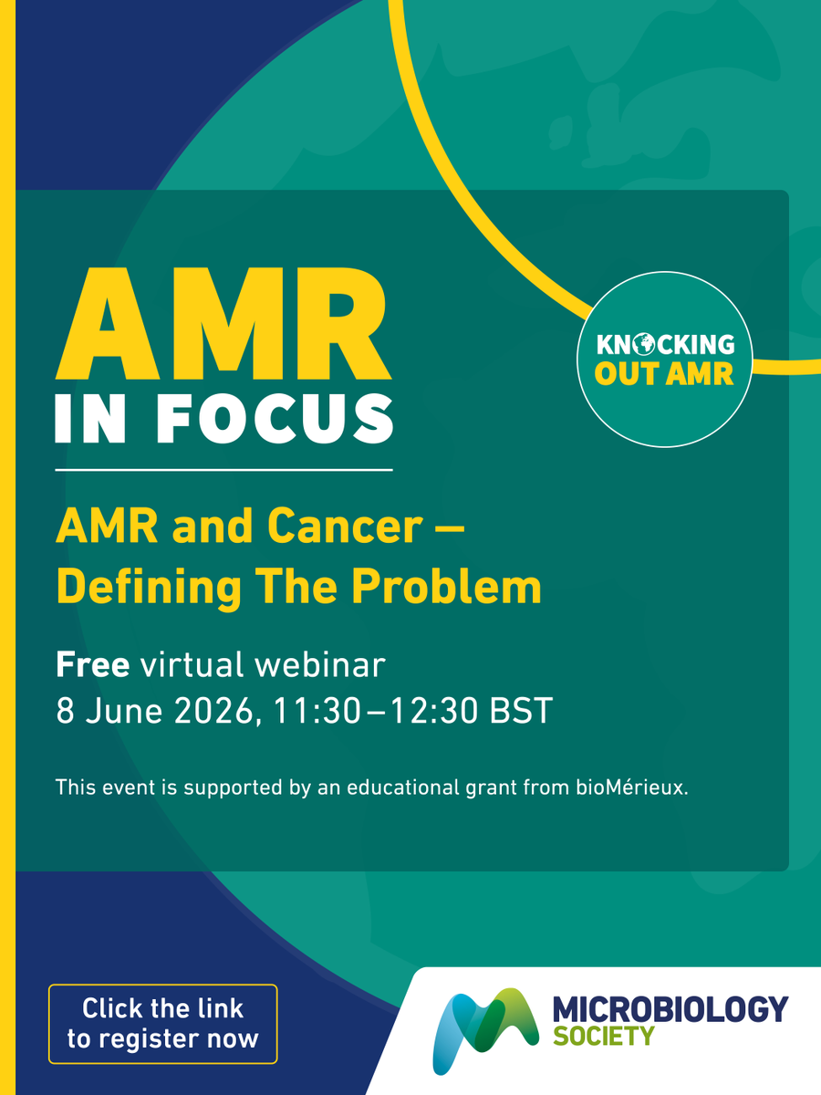 MicrobioSoc's tweet photo. How is AMR shaping cancer care? 

Join Webinar 1 of the AMR &amp; Cancer series: 
🔍 Defining the Problem 
📅 8 June 2026 
⏰ 11:30–12:30 BST 

Featuring Prof Anna Olsson-Brown &amp; Dr Helena Carreira. 

Register: https://t.co/zDCBE01qdD 

#KOAMR #AMR #Oncology https://t.co/gLpn7rmdIi