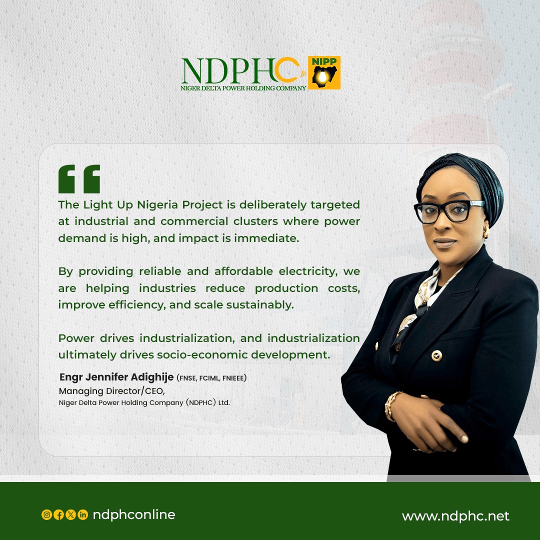 ndphconline's tweet photo. The Light Up Nigeria Project is helping industrial and commercial businesses access reliable, affordable power through the Eligible Customer Project (ECP).

Reduce energy costs, improve efficiency, and grow your business with a dependable power supply direct from NDPHC. https://t.co/6lfXN3PibM