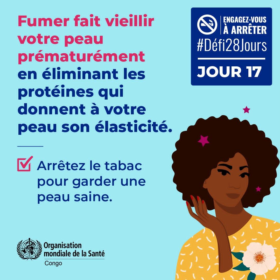 Bpclaude's tweet photo. 🚭 Le tabac accélère le vieillissement de la peau et réduit son élasticité. Arrêter de fumer, c’est aussi protéger sa beauté et sa santé. ✨

#Défi28Jours #Jour17 #OMSCongo https://t.co/eiYjsPAZd3