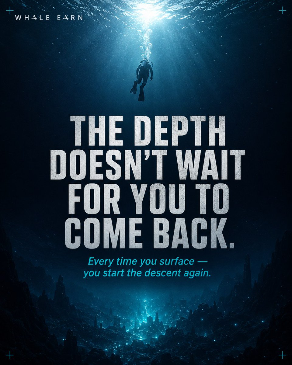EarnWhale's tweet photo. Three days in. Here's what we'd ask you not to do.

Don't check your depth every hour. A diver who surfaces every ten minutes never reaches anything worth seeing.

Don't compare your position to someone who deposited more.
The leaderboard measures XP.
The ocean doesn't care about wallet size.

Don't withdraw to "see if it works."
The moment you surface the depth you built resets.
You start the descent again from zero.
Don't wait for a better moment to go deeper.
The pressure doesn't get easier.
It gets more familiar.

The platform doesn't need you to do anything clever.

It just needs you to stay below the surface.

That's the entire strategy.