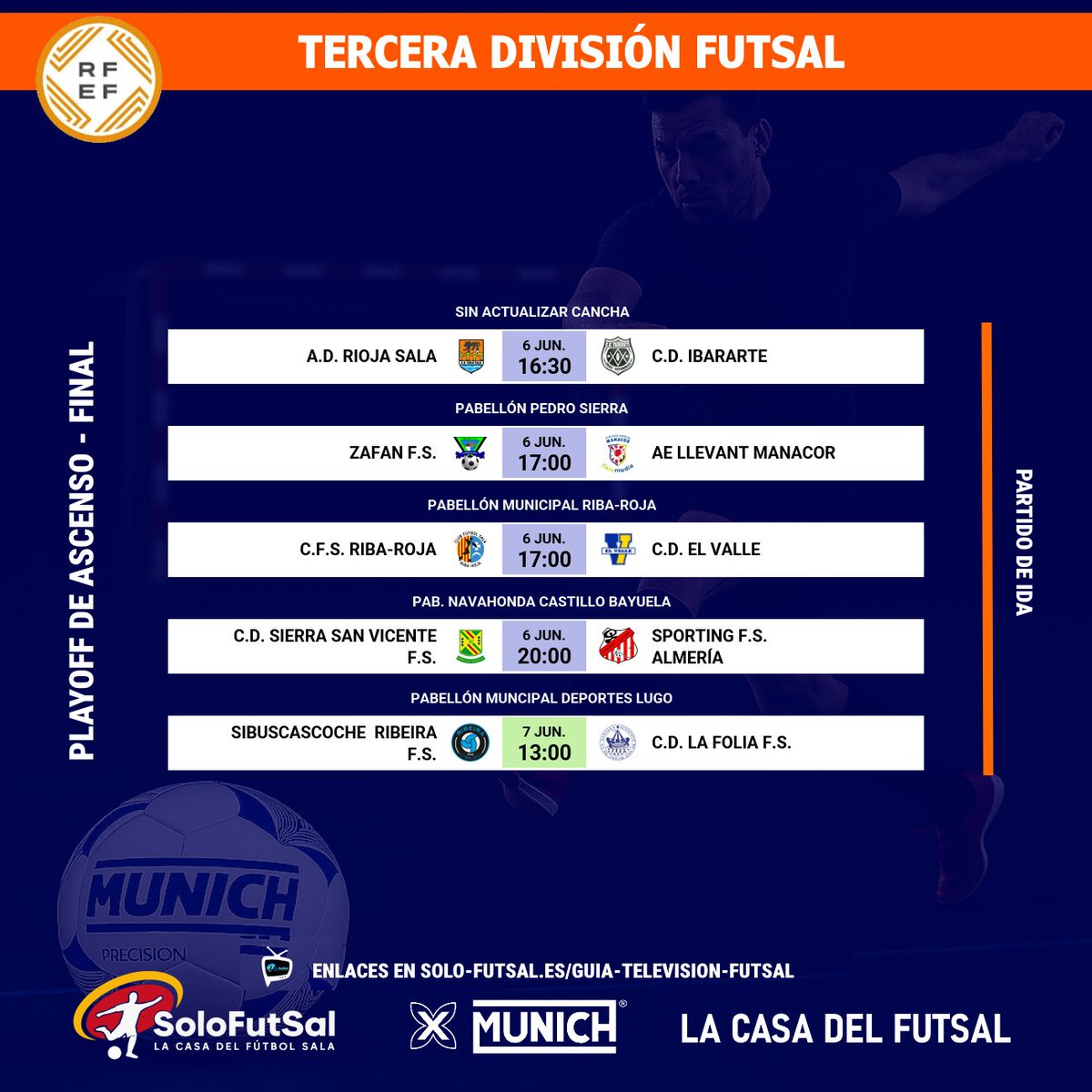 SoloFutSal_'s tweet photo. 🟧3⃣ª DIVISIÓN FUTSAL
📆 PLAYOFF DE ASCENSO · ⏰ Horarios

✍️ Consulta los encuentros del PLAYOFF general a 2ªB División FutSal. Partidos de ida. El encuentro entre el representante de Ceuta ante el Melilla se jugara en Málaga, a partido unico, el 13/6
📎 https://t.co/5HfJGcmA3R

👥 Visita los perfiles de los equipos de la categoría:
@RiojaSala  · @CDIbararte  · @Zafanfs · @fisiomedia · @fsribaroja  · @ssv_fs · @sportingfsalme1 · @RibeiraFS · #LaFoliaFS · #CFBoomerangsSD · #RealSociedadLaPantera

#️⃣ Hashtags y menciones:
#FutSal | #SoloFutsal | #3FutSal @astursala · @FutSalRFEF · @segundopalofs · @futsalnorte2b · @FUTSALMAFERTV · @josebae47170450·    #