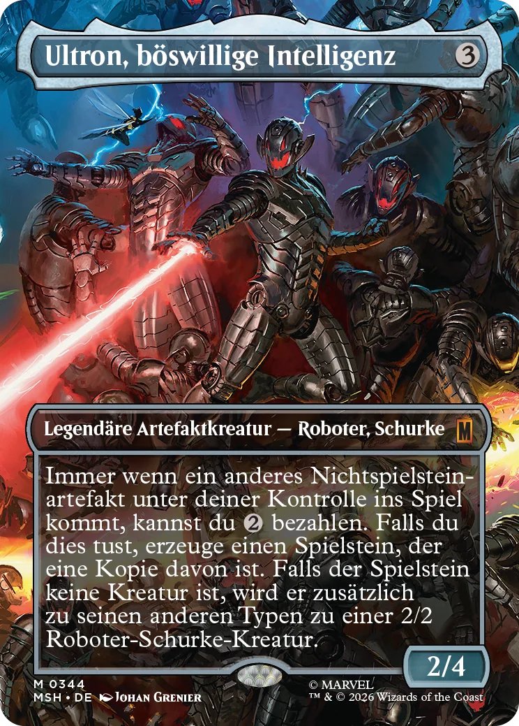 DimirUB's tweet photo. 【MTG x MARVEL】
あなたがコン卜ロ一ルする他のトークンでないアーティファク卜1つが戦場に出るたび、あなたは(2)を払ってもよい。そうしたなら、それのコピーであるトークンを1つ生成する。そのトークンがクリ一チャ一でないなら、それは他のタイプに加え2/2のロボット悪人クリ一チャ一になる
ーー
IGN Deutschlandより