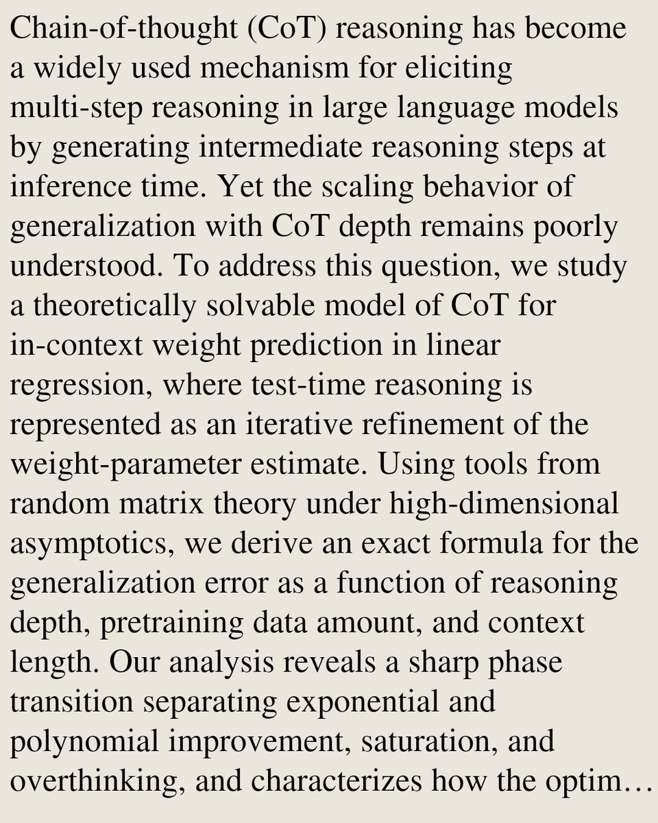 StatsPapers's tweet photo. An Asymptotic Theory of Chain-of-Thought in In-Context Learning

Kaito Takanami, Cengiz Pehlevan
https://t.co/YGQugkyFfK [𝚜𝚝𝚊𝚝.𝙼𝙻 𝚌𝚘𝚗𝚍-𝚖𝚊𝚝.𝚍𝚒𝚜-𝚗𝚗 𝚌𝚜.𝙻𝙶] https://t.co/nsKWgfhenY