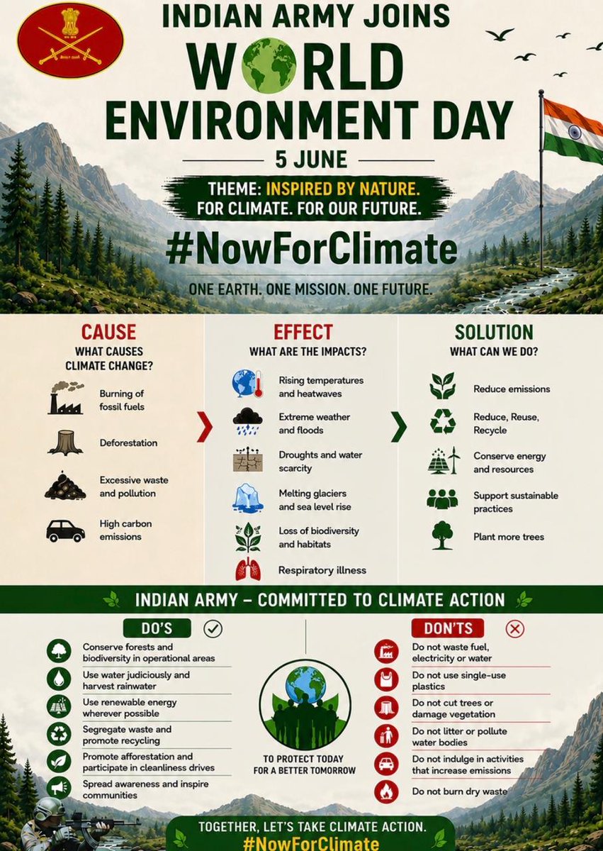 adgpi's tweet photo. Inspired by Nature. For Climate. For Our Future.

As we approach #WorldEnvironmentDay2026, the Indian Army reaffirms its commitment to environmental conservation through a range of clean and green initiatives, including afforestation, biodiversity preservation and sustainable practices. Together, let us take meaningful action today for a cleaner, greener and more sustainable future.

प्रेरणा प्रकृति से। पर्यावरण के लिए। हमारे भविष्य के लिए।

#विश्व_पर्यावरण_दिवस_2026 के अवसर पर, भारतीय सेना वनीकरण, जैव विविधता संरक्षण तथा सतत् प्रथाओं सहित विभिन्न स्वच्छ एवं हरित पहलों के माध्यम से पर्यावरण संरक्षण के प्रति अपनी प्रतिबद्धता को दोहराती है। आइए, हम सभी आज सार्थक कदम उठाकर एक स्वच्छ, हरित और सतत् भविष्य के निर्माण में योगदान दें।

#NowForClimate
@DefenceMinIndia
@SpokespersonMoD
@moefcc