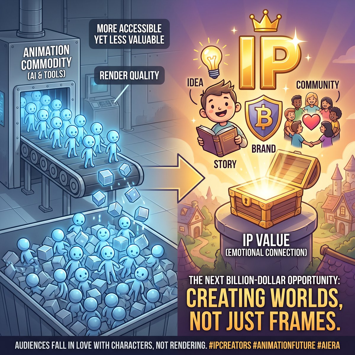 kennethchan87's tweet photo. Hot take:

AI is turning animation into a commodity.

The real value isn't animation anymore.

It's:

• Characters
• Stories
• Communities
• IP
The next Disney won't be built on better AI.
It'll be built on better storytelling.
Agree or disagree? https://t.co/KD22GY9rba