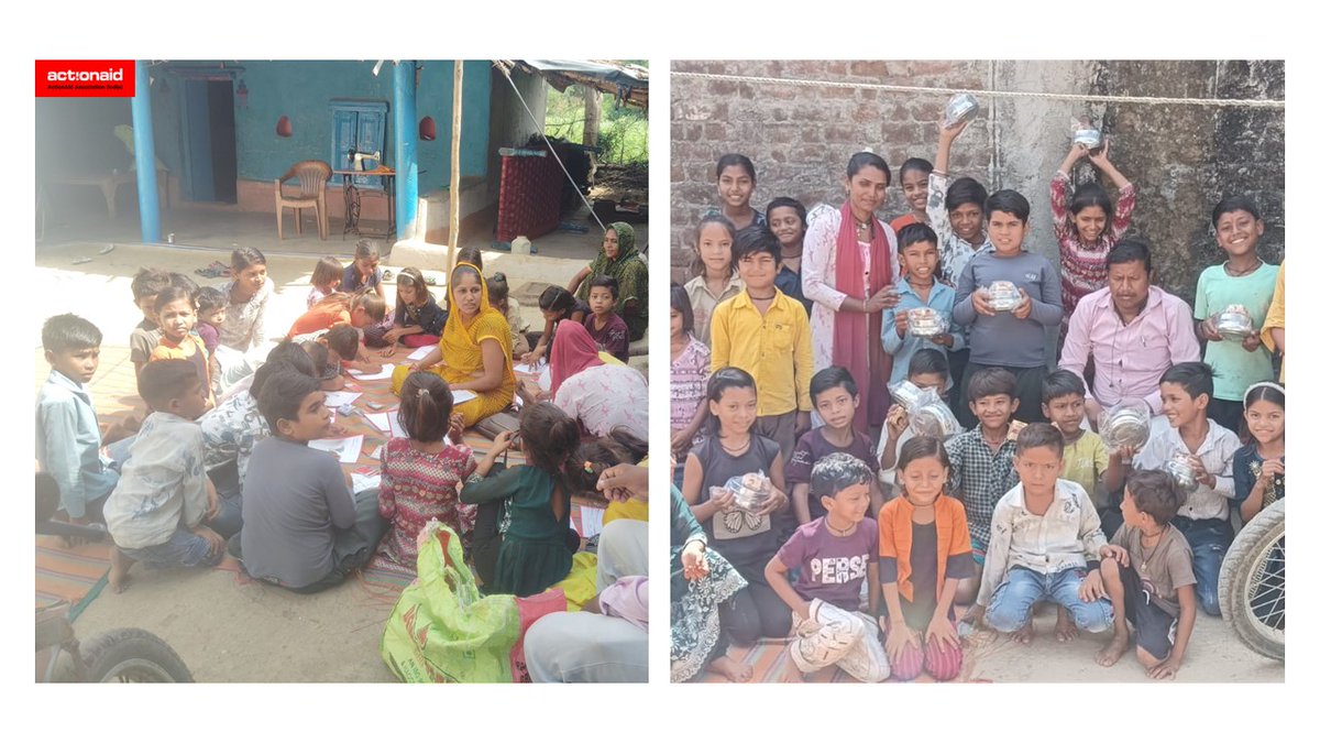 ActionAidIndia's tweet photo. ActionAid Association organized an interactive session with sponsored children in Kanwar village, Madhya Pradesh to connect with them and understand their well-being. The session included discussions on the importance of education and key school-related guidance to support their learning journey.
To encourage creativity and self-expression, the children enthusiastically participated in a drawing activity. As a token of appreciation, each child received a lunch box gift. The event provided a meaningful opportunity to engage with the children, promote learning, and celebrate their talents. @sndeep