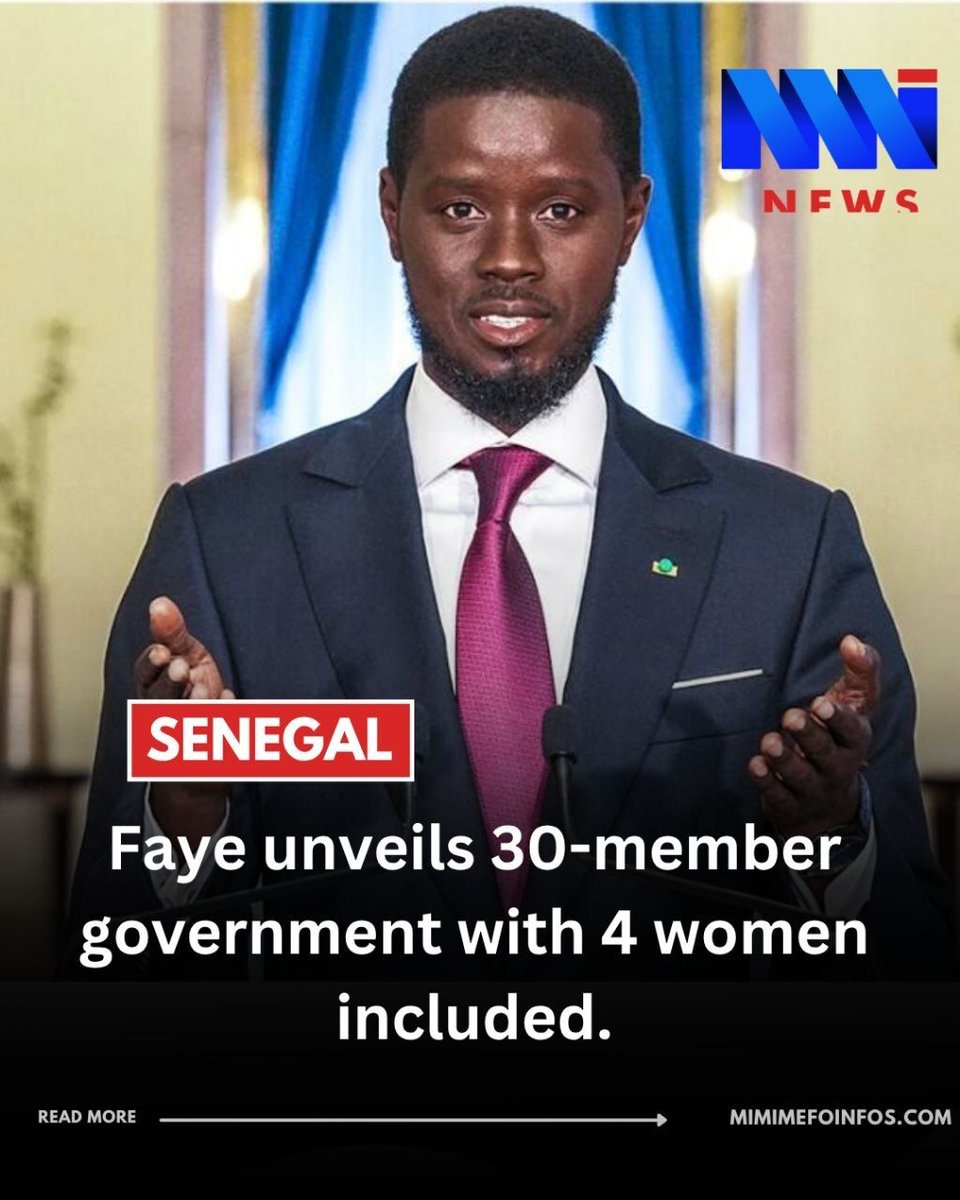 MimiMefoInfo's tweet photo. Senegal’s President Bassirou Diomaye Faye has unveiled a new 30-member government, with only four women included in the cabinet lineup.

The new government is led by Prime Minister Ahmadou Al Aminou Mohamed Lo, a senior economist appointed after Faye dismissed former Prime Minister Ousmane Sonko and dissolved the previous cabinet.

The announcement comes at a tense political moment in Senegal, as Sonko, once Faye’s close ally and mentor, has said his Pastef party will not participate in the new government following disagreements with the president.

Despite that position, reports say some Pastef members and allies appear in the new cabinet, while several senior figures from the previous government have been left out.

The limited number of women in the 30-member team has also drawn attention, raising fresh questions about gender representation in top government offices as Senegal faces political uncertainty and economic pressure.

#MMINews