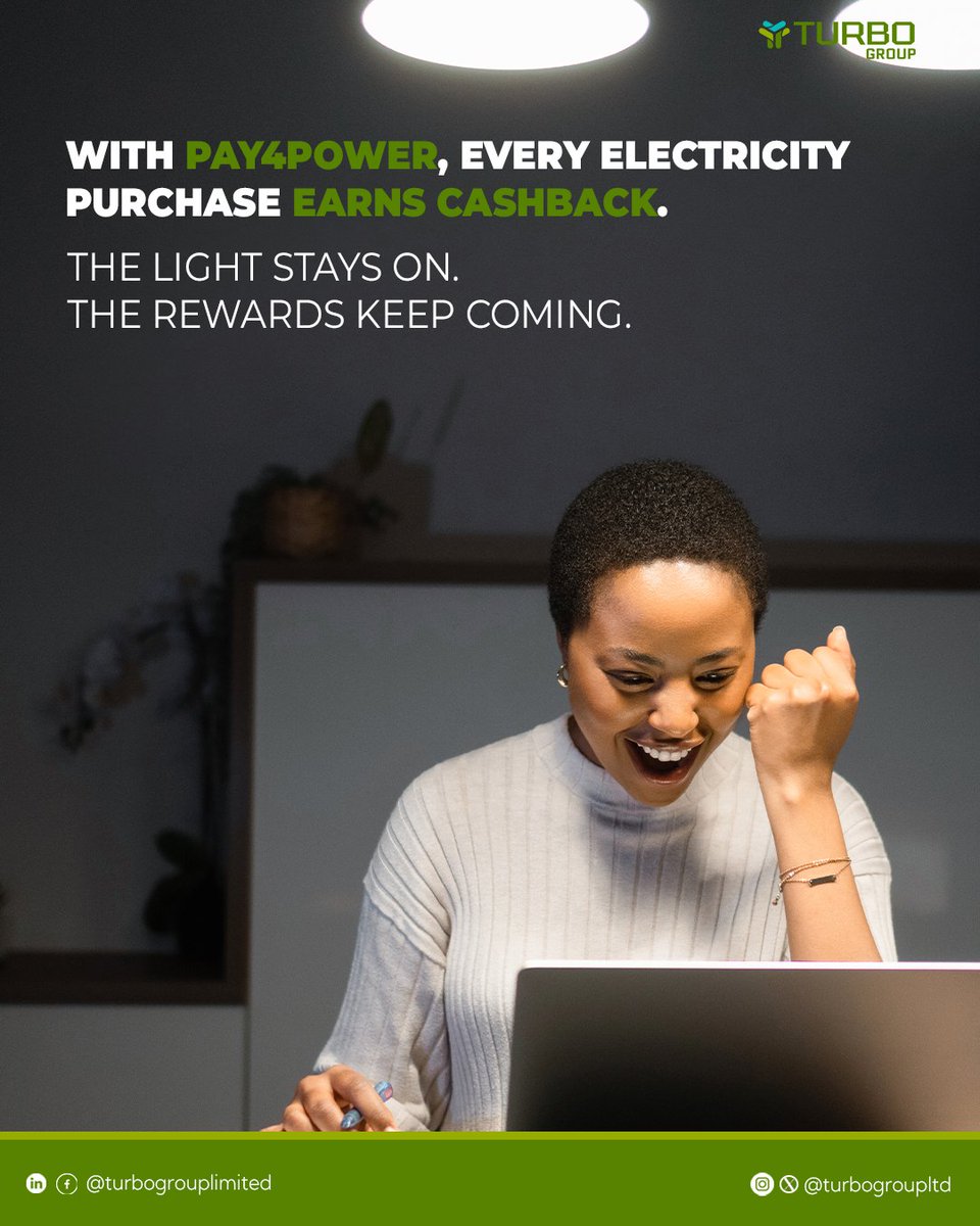 TurboGroupLtd's tweet photo. You're already buying electricity.
The real question is:
Are you getting anything back?
With Pay4Power, every recharge comes with an added benefit.
Buy your electricity token through our website today.
#CashbackRewards #Pay4PowerNG #SmartEnergyUse #ElectricityPayments https://t.co/dpiGD80O1J