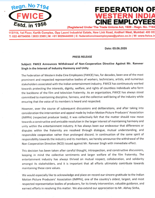 ANI's tweet photo. The Federation of Western India Cine Employees (FWICE)  announces withdrawal of non-cooperation directive against Actor Ranveer Singh https://t.co/aYsVPCQq0B