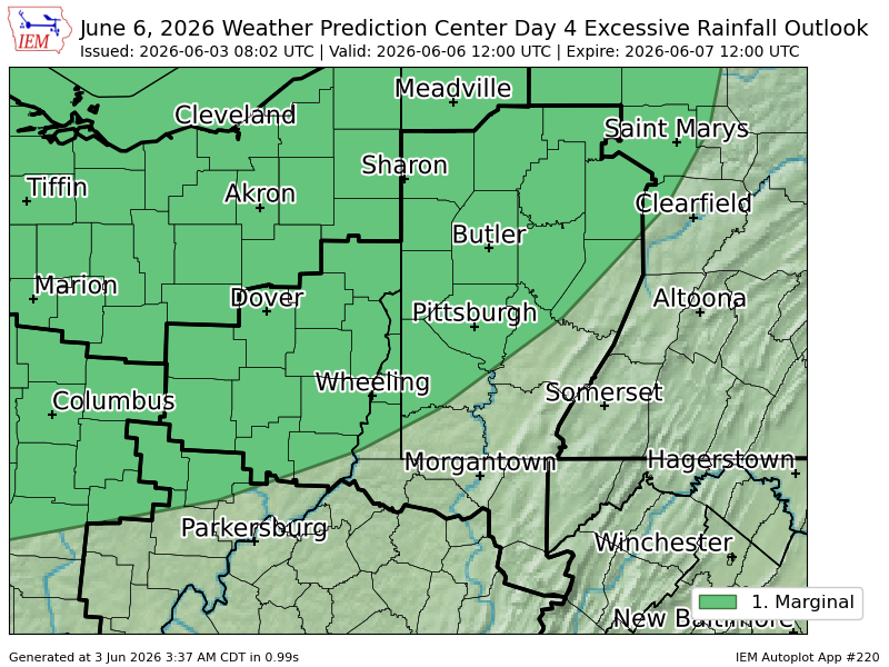 PennWeatherPA's tweet photo. WPC issues Day 4 Marginal Risk Excessive Rainfall Outlook at Jun 3, 8:02z for PBZ https://t.co/SumjMfOCBD https://t.co/8pJ5gWkehv