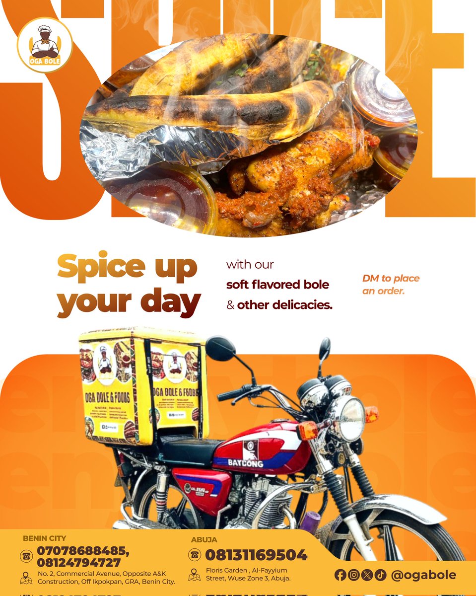 OgaBole's tweet photo. Spice up your day with our soft flavoured bole and tasty sides that make everything even better. ☺️

If you’ve been thinking of what to eat, this is one option that never disappoints. 
And yes, it’s OgaBole

💬 Send a DM to order now.

#ogabole #boleweygoharvard #boleandgrills https://t.co/NizaohkWL5