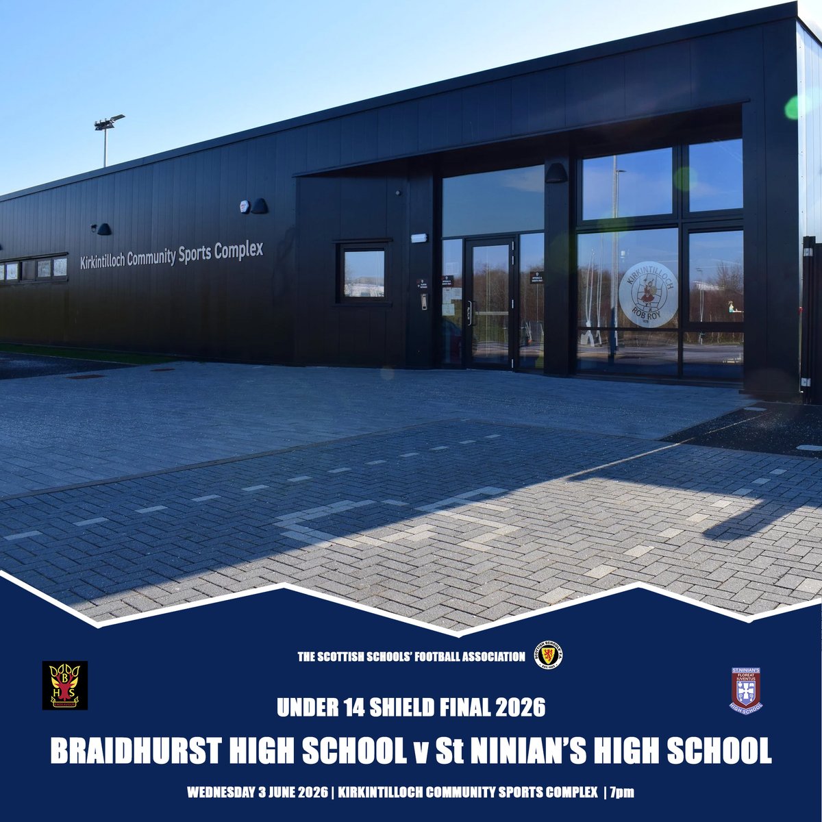 sschoolsfa's tweet photo. UNDER 14 SHIELD FINAL 26 | Tonight @braidhurst take on @stninianshigh in the final of our Under 14 Shield at Kirkintilloch Community Sports Complex.  7pm kick off.  Admission £7/5.  Cash only. https://t.co/6PfveP5zwi