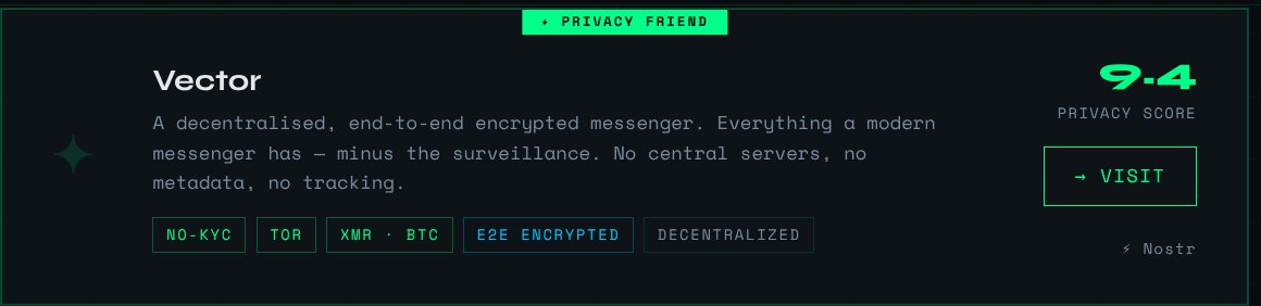 Den2Denver's tweet photo. New Privacy Friend on NULL_ROUTE ↓

@VectorPrivacy — decentralised, end-to-end encrypted messenger. No central servers, no metadata, no tracking. Everything a modern messenger has, minus the surveillance. https://t.co/9rSHip1IQL

https://t.co/vPWWDdunfd #privacy #Nostr #XMR https://t.co/nuWGrQhuBz