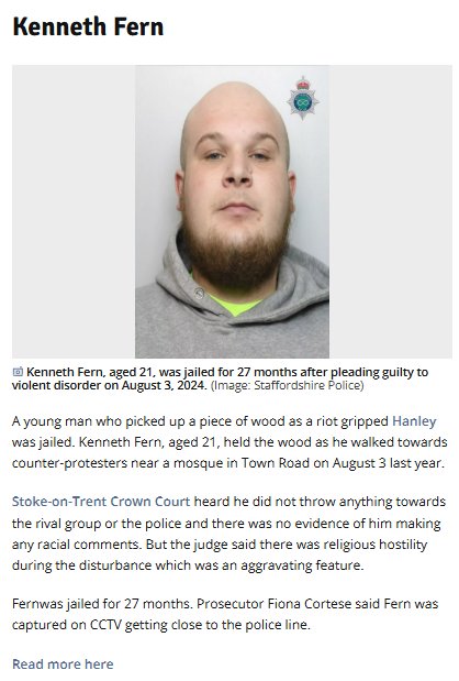landofangle's tweet photo. Same Hanley riot 2024:
- A Muslim arms himself with concrete and throws missiles at protesters: suspended sentence 
- A White man picks up a piece of wood and throws nothing: jailed for 27 months https://t.co/oaFHqpMcel