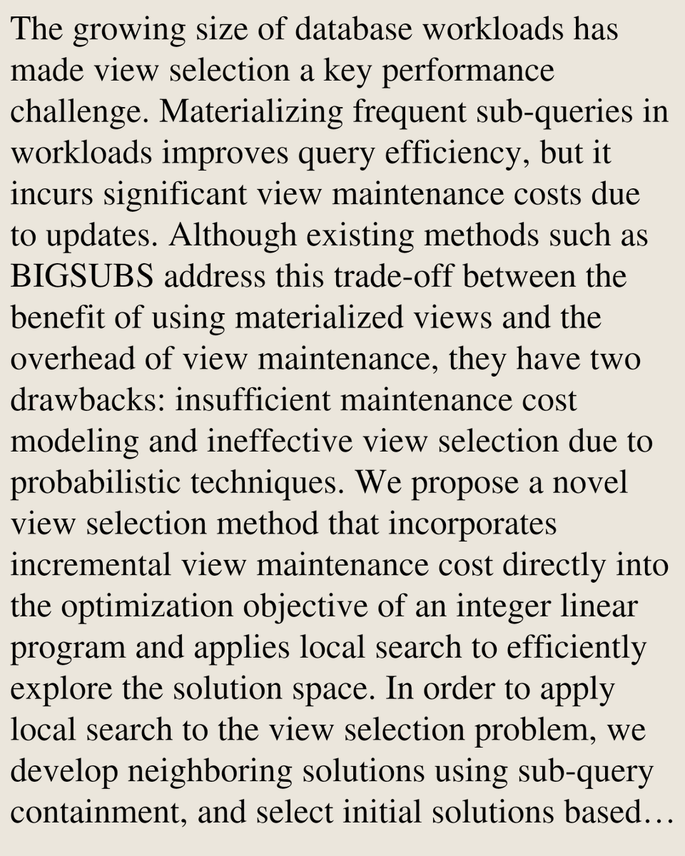 UFCS's tweet photo. Workload acceleration by optimizing materialized view selection using local search

Kaina Anderson, Yohanes Yohanie Fridelin Panduman, Yuya Sasaki, Makoto Onizuka
https://t.co/ZXVOHAQ4rr [𝚌𝚜.𝙳𝙱] https://t.co/ZwPxki8qLJ