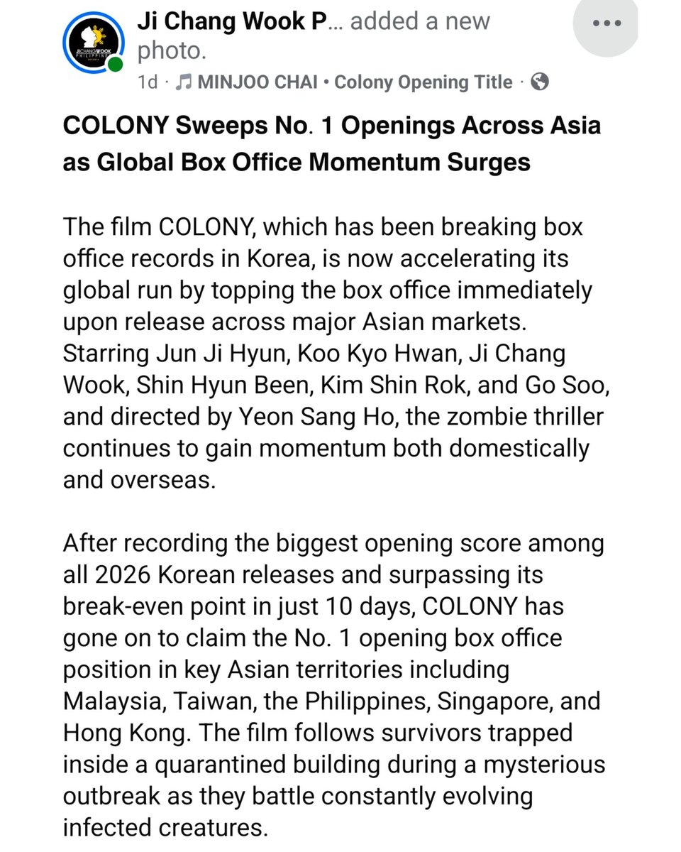 JCWPhilippines's tweet photo. After recording the biggest opening score among  2026 Korean releases and surpassing its break-even point in just 10 days, COLONY has gone on to claim the No. 1 opening box office position in key Asian territories including Malaysia, Taiwan, Philippines, Singapore, and Hong Kong. https://t.co/M1RMUgtyAZ