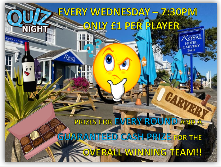 ElrisAdvert's tweet photo. It's QUIZ NIGHT TONIGHT (Wed 3rd June!) at The Royal, Babbacombe - with @ChrisJEGregory!

We start at 7:30pm, there's a prize per round and a CASH JACKPOT for the winning team.

Please arrive early to avoid disappointment!  See you later folks! https://t.co/4QhQVyFnL7