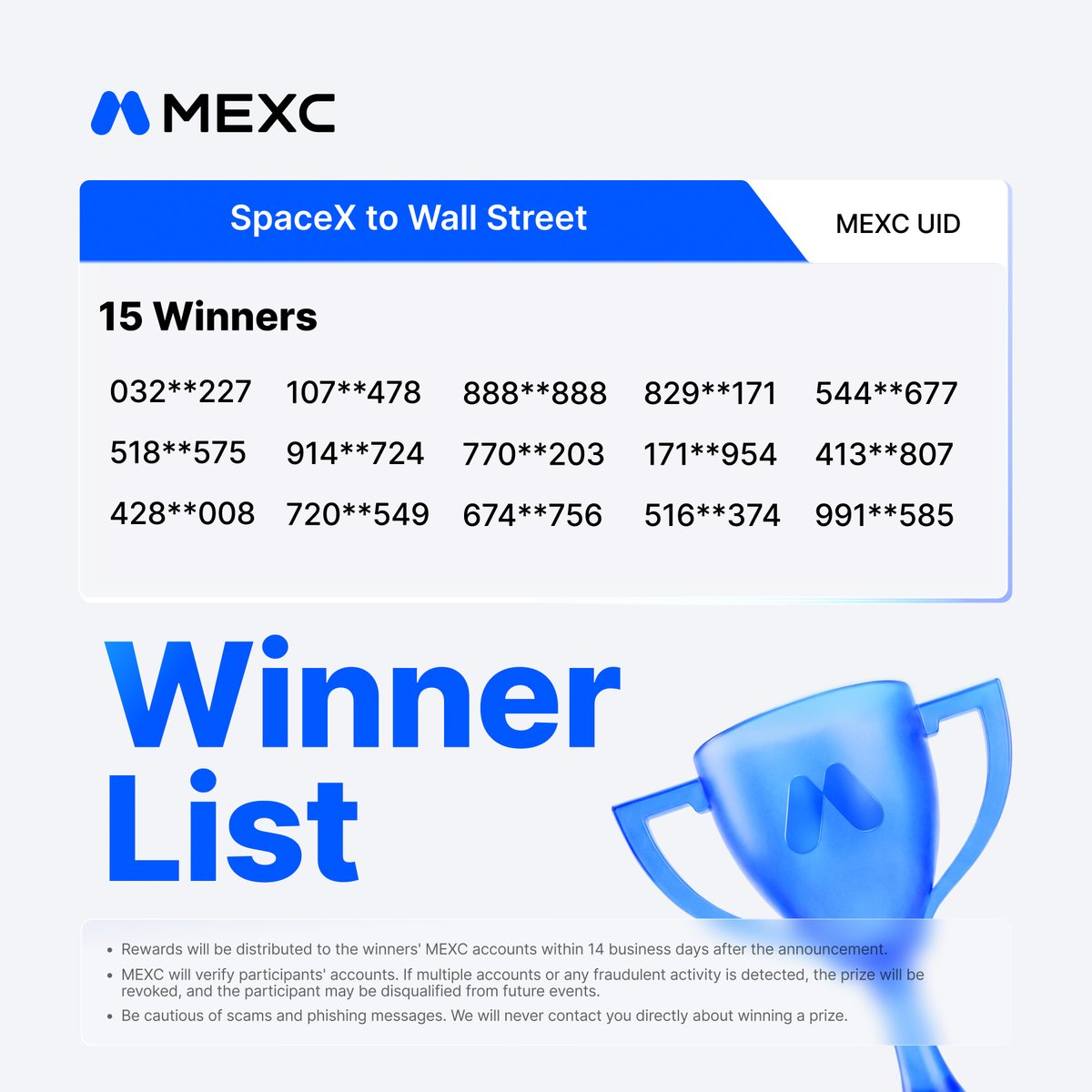 MEXC's tweet photo. Congrats to the following winners 🎉

Notes:
1️⃣Rewards will be distributed to the winners’ MEXC accounts within 14 business days after the winner announcement.
2️⃣If your account is limited, the reward will not be issued. https://t.co/ljNlL1ozGc