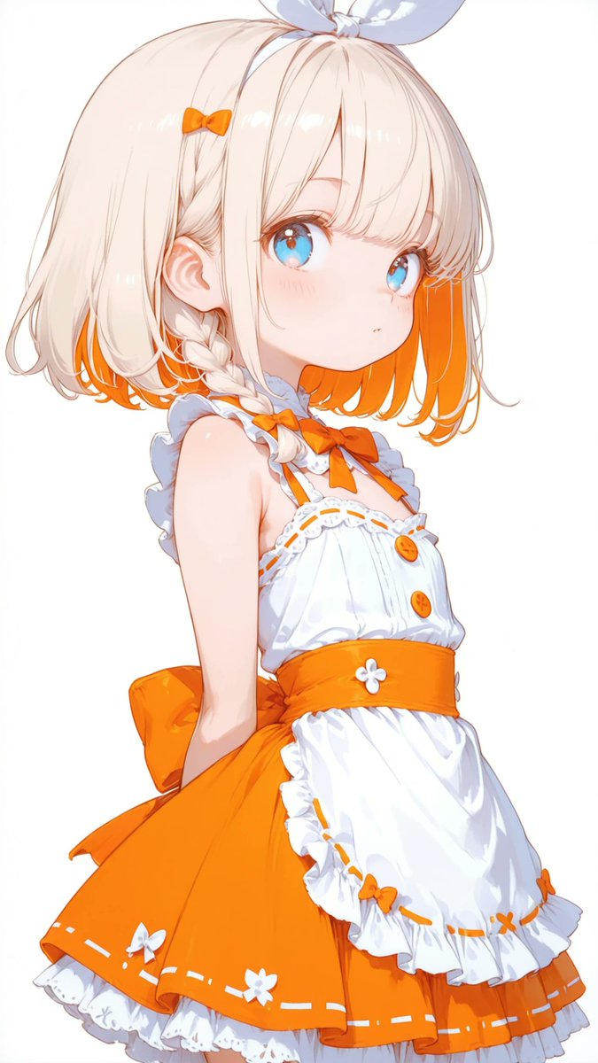 AliceLavli's tweet photo. ٩(*´︶`*)۶おはよ〜♬
オレンジの爽やかなノースリーブの衣装をどうぞ🍊
sleeveless dress, white bodice only, pure white upper bodice, white chest panel, white neckline area, white shoulder straps, white ruffled strap frills, white gathered bust, orange ribbon bow at center chest, three orange buttons below chest bow, high empire waistline,
bright orange waist sash, oversized orange waist bow at waist, bright orange skirt only, orange skirt panel, orange gathered skirt, orange ruffled hem, orange outer layer,
white ribbon trim woven through skirt hem, small white ribbon bows evenly spaced around hemline, white layered underskirt, white ruffle petticoat, white lace edging,
strict two-tone color separation, upper body white only, waist and skirt orange only, no color blending, no gradient, clean color blocking, orange and white color scheme only