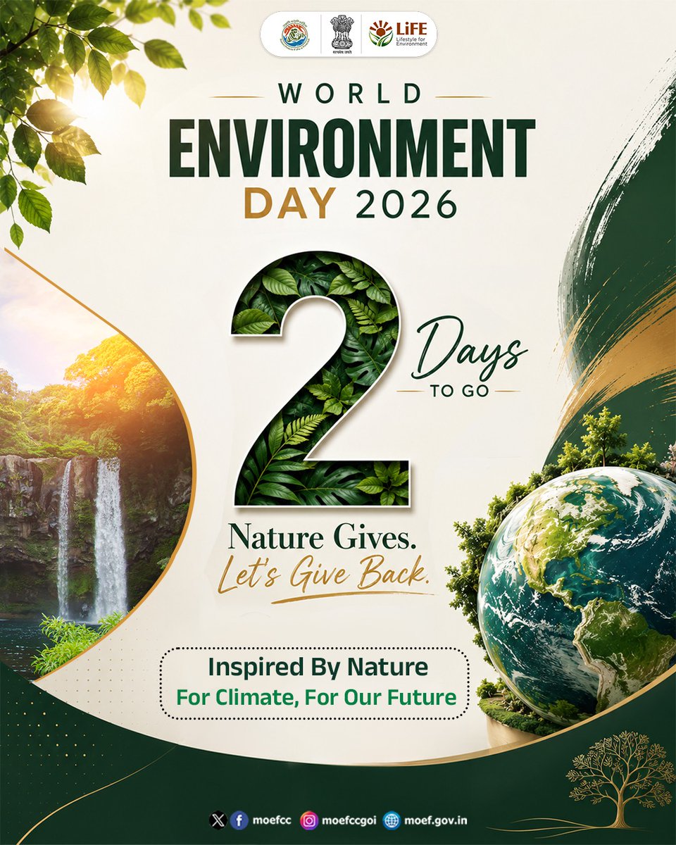 blwvaranasi's tweet photo. Only 2 days until World Environment Day 2026 🌳🌊
Every tree planted, every drop saved &amp; every sustainable choice made today helps shape a better tomorrow.🏞️
Let's come together to protect the planet.🌍🌿
#WED2026
@moefcc @RailMinIndia @mygovindia #MissionLife #Save_Environment https://t.co/zeV0e1oTzA