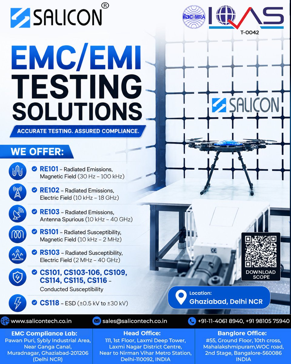 salicontech's tweet photo. 🚀 Defence &amp; Aerospace EMC Testing – Now in India!

Salicon Nano Technology Pvt Ltd is proud to announce our ISO/IEC 17025:2017 accredited MIL-STD-461 testing facilities.

📞 Contact us for a quote or technical discussion.

#MILSTD461 #DefenceEMC #AerospaceTesting #EMCTesting https://t.co/fZqgXfxuG4