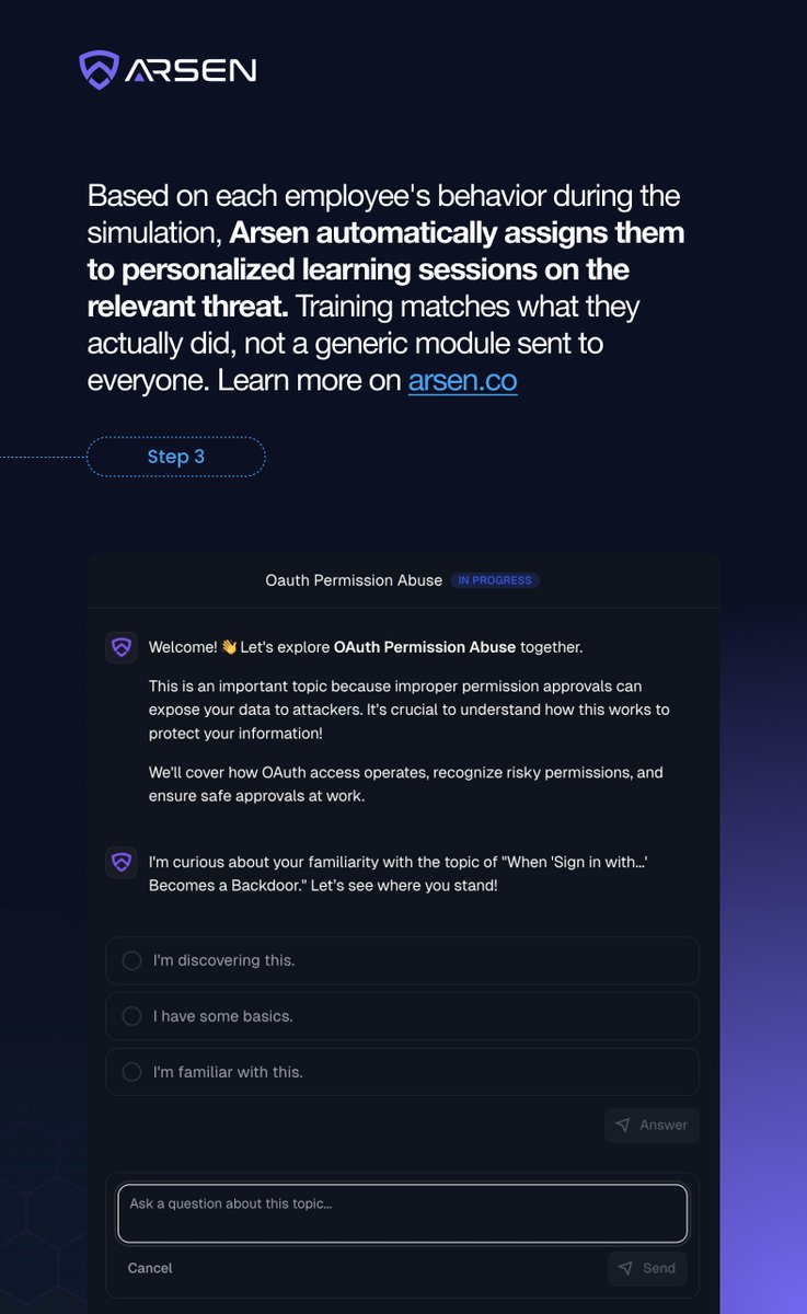 arsen's tweet photo. Follow-up training, personalized to what each employee actually did, completes the cycle. Not a generic module blasted to everyone. The right lesson, for the right person, at the right moment. https://t.co/v9hAds7Hkz