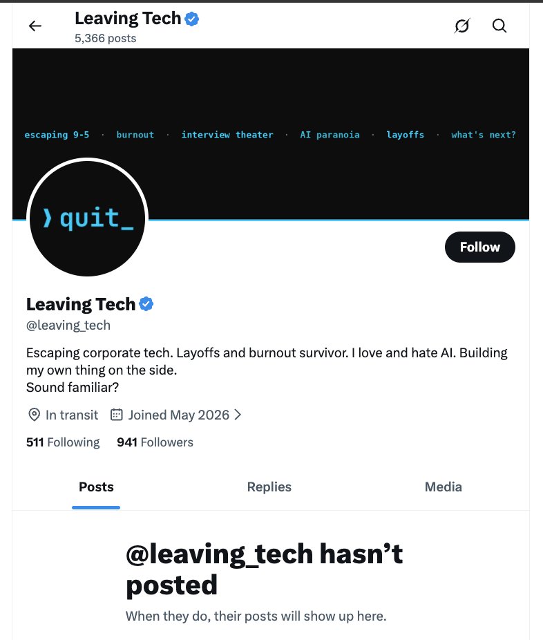 leaving_tech's tweet photo. This is worse than I thought. Replying and following too fast apparently makes your content dangerous. 

Whoever designed this has clearly never used it.
I checked logged out: to anyone who doesn't follow me, my profile reads "hasn't posted." 5,000+ posts, invisible. Then support answered my two questions with the same canned paragraph. Twice.

So there's nothing to fix and no one to ask. You wait it out, keep posting, and start building where they can't switch you off.

More soon, once I'm allowed to talk to you again.