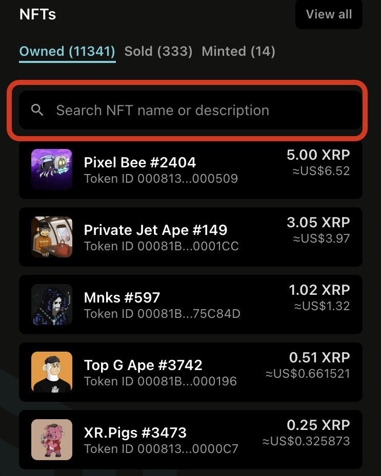 bithomp's tweet photo. Our account pages keep getting cooler. 
🧐 Searching account's owned NFTs just got easier.
Type NFT name or description (or part of it) and instantly find what you’re looking for.
A handy feature for accounts holding hundreds or even thousands of NFTs.
♥️ https://t.co/PC6zQG3IZD https://t.co/G86a633ocA