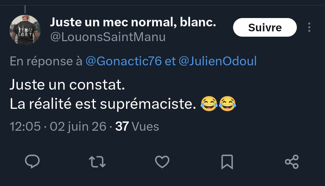 Gonactic76's tweet photo. @LouonsSaintManu @JulienOdoul Et ce commentaire est raciste, et tombé sous le coup de la loi, d'ailleurs, je l'ai signalé à Pharos https://t.co/C0xqUNzCji