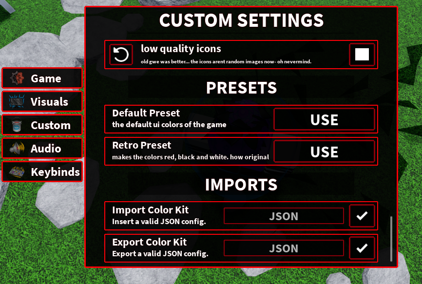 GameWithEvilNew's tweet photo. i forgot to post this! #gamewithevil

the settings ui will be heavily customisable in a future update, allowing you to also save presets and share them around
and also ability loadouts or something https://t.co/dagLVN8X1d