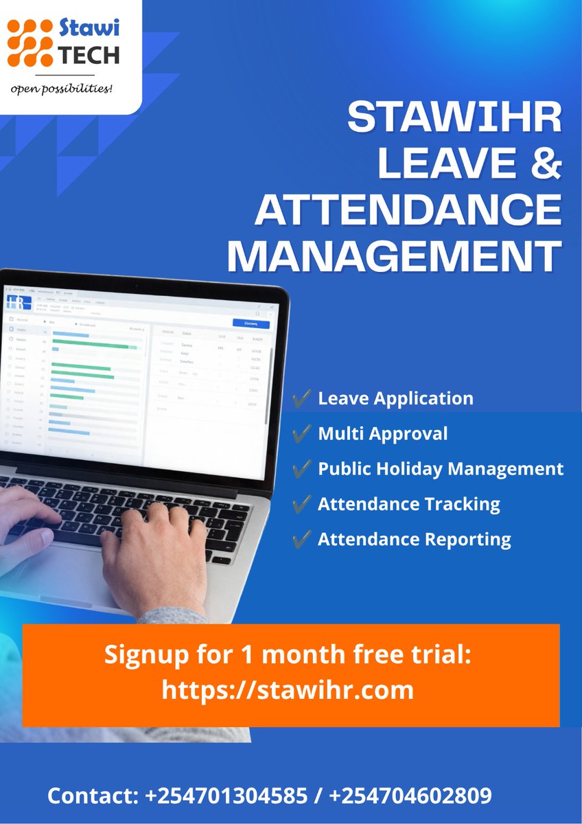 stawitech's tweet photo. Track attendance &amp; manage leave requests with ease. 
Multi-level approvals. Real-time reports. No paperwork.

🎁 1 Month FREE Trial 
👉 https://t.co/qeiGhkko0m
📞 +254701304585 / +254704602809

#StawiHR #LeaveManagement #AttendanceTracking #FreeTrial https://t.co/VtQsF1lApD