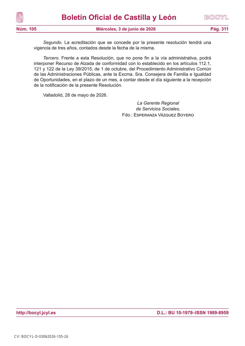 BOCYL_'s tweet photo. 🏛 CONSEJERÍA DE FAMILIA E IGUALDAD DE OPORTUNIDADES

📰 RESOLUCIÓN de 28 de mayo de 2026, de la Gerencia de Servicios Sociales, por la que se acreditan servicios generales de información, orientación, apoyo y seguimiento a personas drogodependiente...

📎 https://t.co/UsLeLkY9Se https://t.co/CRZP1acJdP