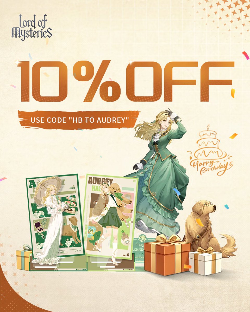 LOM_officialEN's tweet photo. Special offers for Audrey Hall's birthday are coming soon!
On her birthday, June 6, enter code 【HB TO AUDREY】 for 10% off storewide
🛒 Add to cart now, check out then https://t.co/yx9uo2MSWd
#LordofMysteries #LoM #诡秘之主 #AudreyHall #LoMShop https://t.co/lkC0dVtS8n