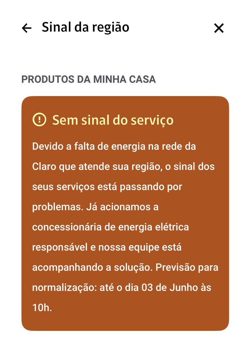 marciopimenta's tweet photo. @ClaroBrasil 12 horas sem Internet e TV em casa. Tanto pelo app da Claro quanto pelo telefone, o aviso é esse da foto. Medo de adiarem novamente a previsão. https://t.co/DF6hHb1QJL