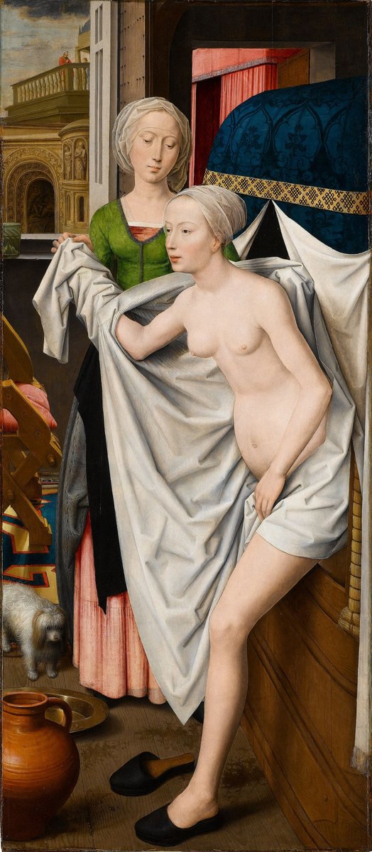 ColeccionMMoret's tweet photo. Increíble la audacia de #Memling al atreverse a pintar esta Betsabé en 1485.
Maravillosos los detalles de la silla plegable con incrustaciones de taracea, el vaso de vidrio soplado o el dosel de la bañera de damasco de seda azul con su galón bordado con diseños geométricos...⤵️ https://t.co/d7hs2JaxGO