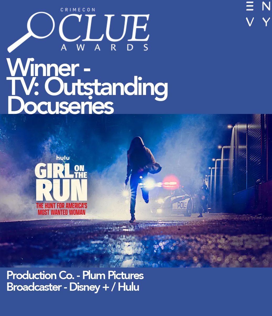 envypost's tweet photo. Delighted that ‘Girl on the Run: The Hunt for America’s Most Wanted Woman’ took home the TV: Outstanding Docuseries award at the Clue Awards.
A huge congratulations to Plum Pictures. It was a pleasure to work alongside the team! Proud to share the ENVY team behind the project https://t.co/bw07HorF76