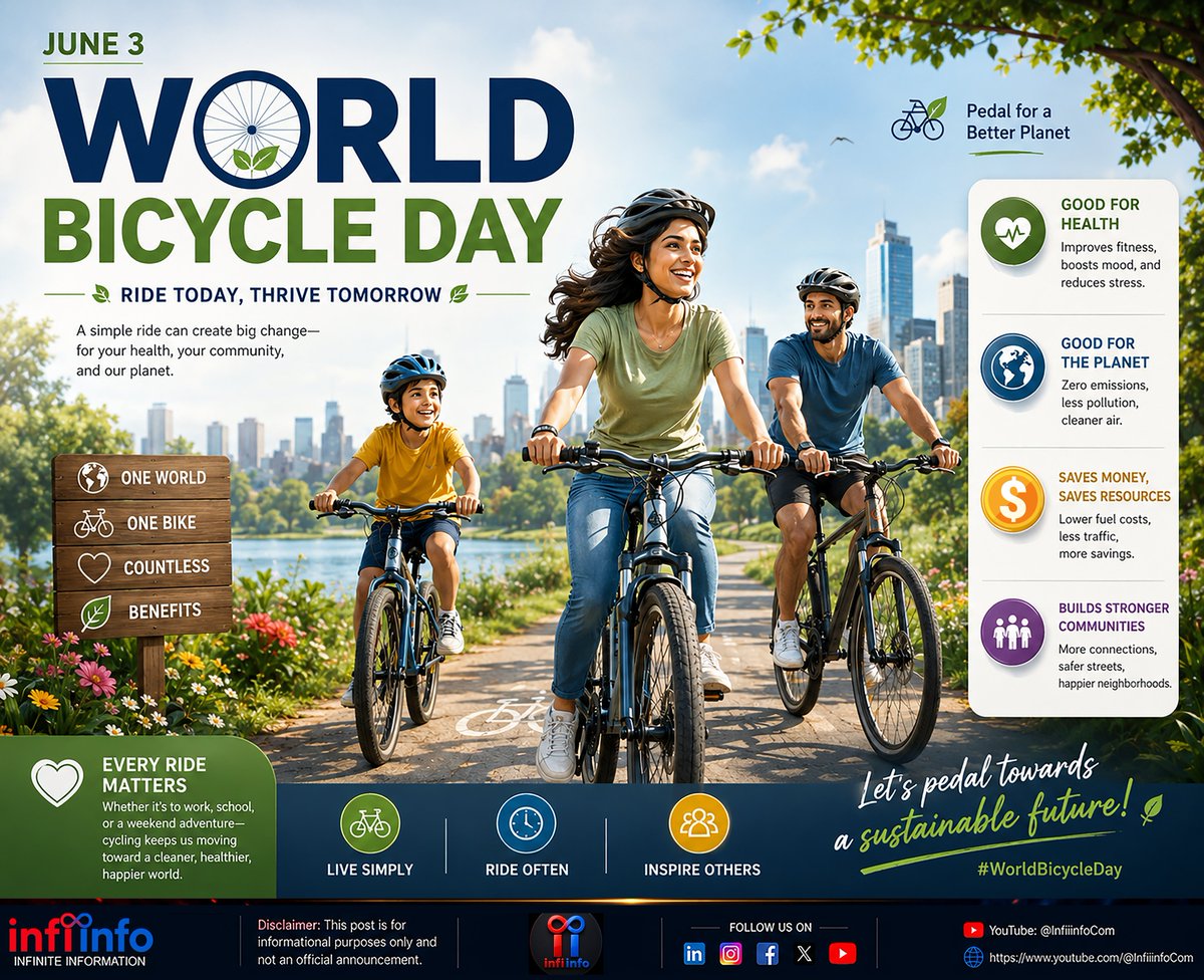 Infiinfocom's tweet photo. 🚴‍♀️🌍 World Bicycle Day 🌍🚴‍♂️
On this World Bicycle Day, let's celebrate the simple power of two wheels. Whether it's a short ride through your neighborhood, a daily commute, or a weekend adventure, every pedal stroke contributes to a greener planet
#WorldBicycleDay #CyclingLife https://t.co/fNGjbOFlXz