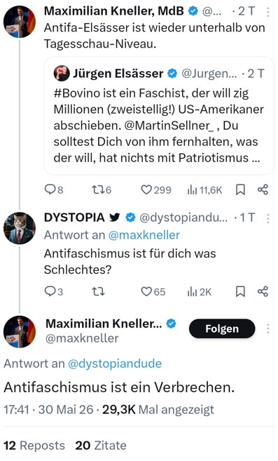 IbDoku's tweet photo. Der #AfD-Bundestagsabgeordnete Maximilian #Kneller hegte nicht nur Vergewaltigungsfantasien gegen politischer Gegnerinnen, sondern bezeichnet vor 4 Tagen Antifaschismus als "Verbrechen".
Er outet sich damit öffentlich als Faschist. https://t.co/wtUacGsjxZ