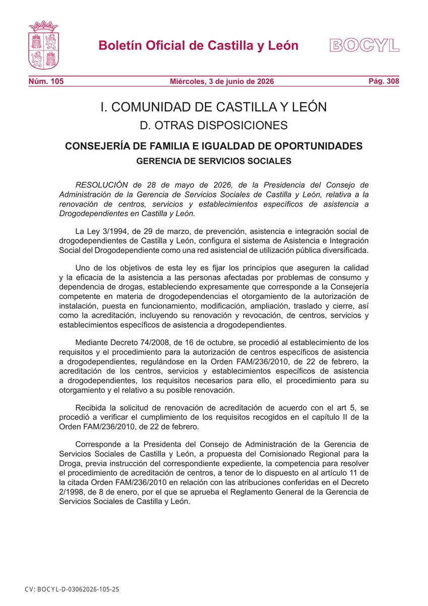BOCYL_'s tweet photo. 🏛 CONSEJERÍA DE FAMILIA E IGUALDAD DE OPORTUNIDADES

📰 RESOLUCIÓN de 28 de mayo de 2026, de la Presidencia del Consejo de Administración de la Gerencia de Servicios Sociales de Castilla y León, relativa a la renovación de centros, servicios y esta...

📎 https://t.co/zApPtCoj38 https://t.co/ZDEAc47RMx