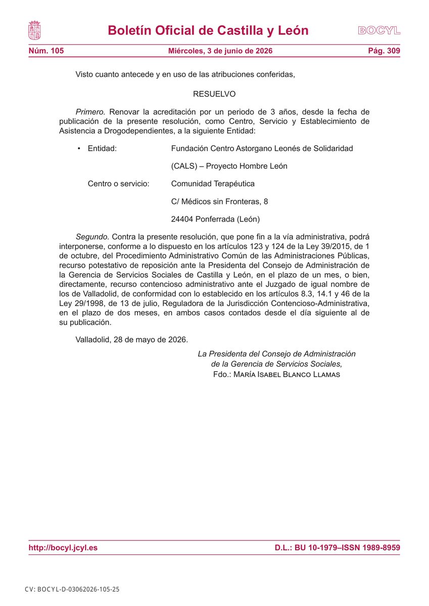 BOCYL_'s tweet photo. 🏛 CONSEJERÍA DE FAMILIA E IGUALDAD DE OPORTUNIDADES

📰 RESOLUCIÓN de 28 de mayo de 2026, de la Presidencia del Consejo de Administración de la Gerencia de Servicios Sociales de Castilla y León, relativa a la renovación de centros, servicios y esta...

📎 https://t.co/zApPtCoj38 https://t.co/ZDEAc47RMx